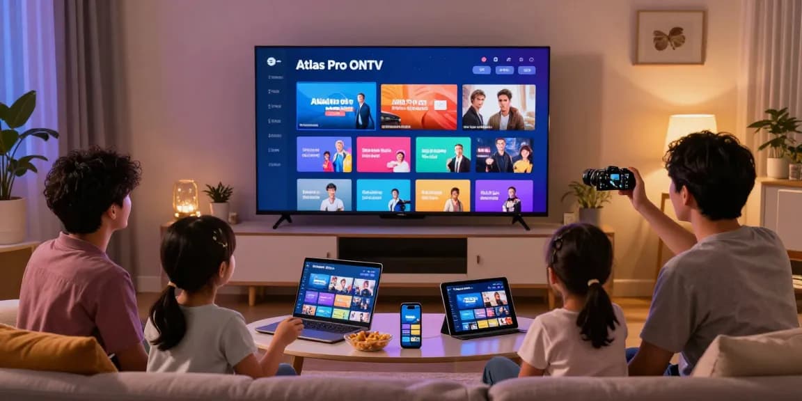 Profitez de l'application Atlas Pro avec votre famille dans un salon chaleureux, affichant des chaînes en direct sur TV.