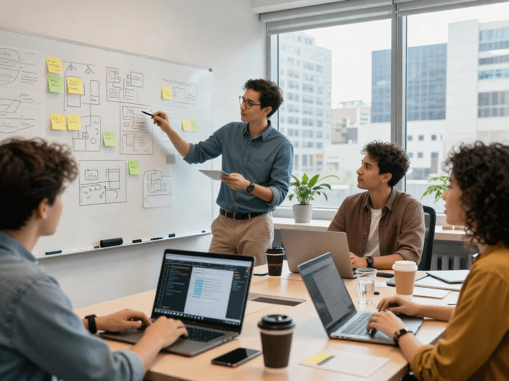 Collaboration autour d'un projet technique avec l'équipe de développeurs Atlas pro ontv, brainstorming et innovation en action.