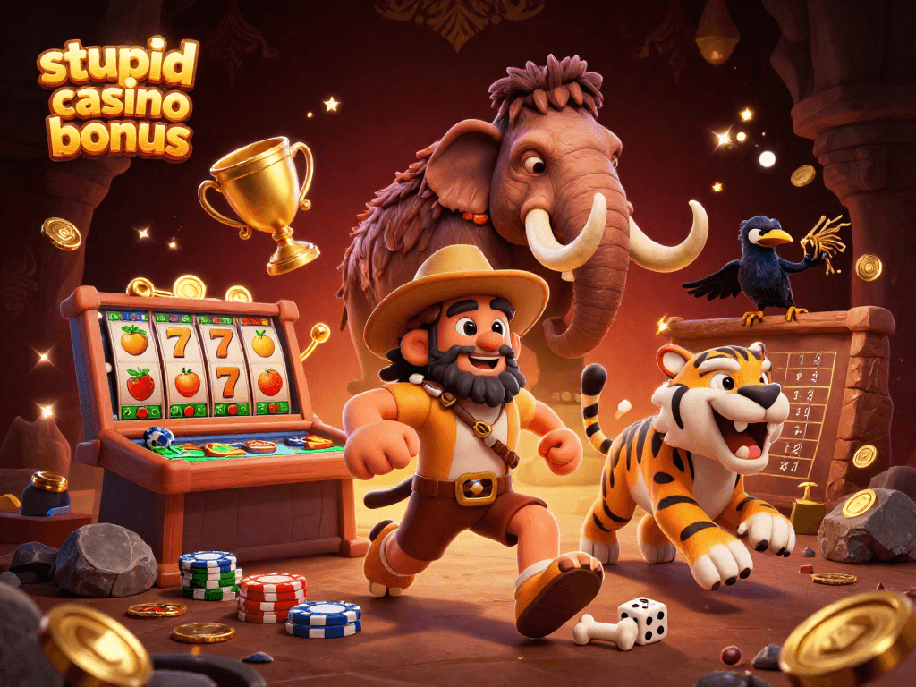Profitez du bonus Stupid Casino grâce à un casino préhistorique animé rempli de machines à sous et de jeux fascinants.