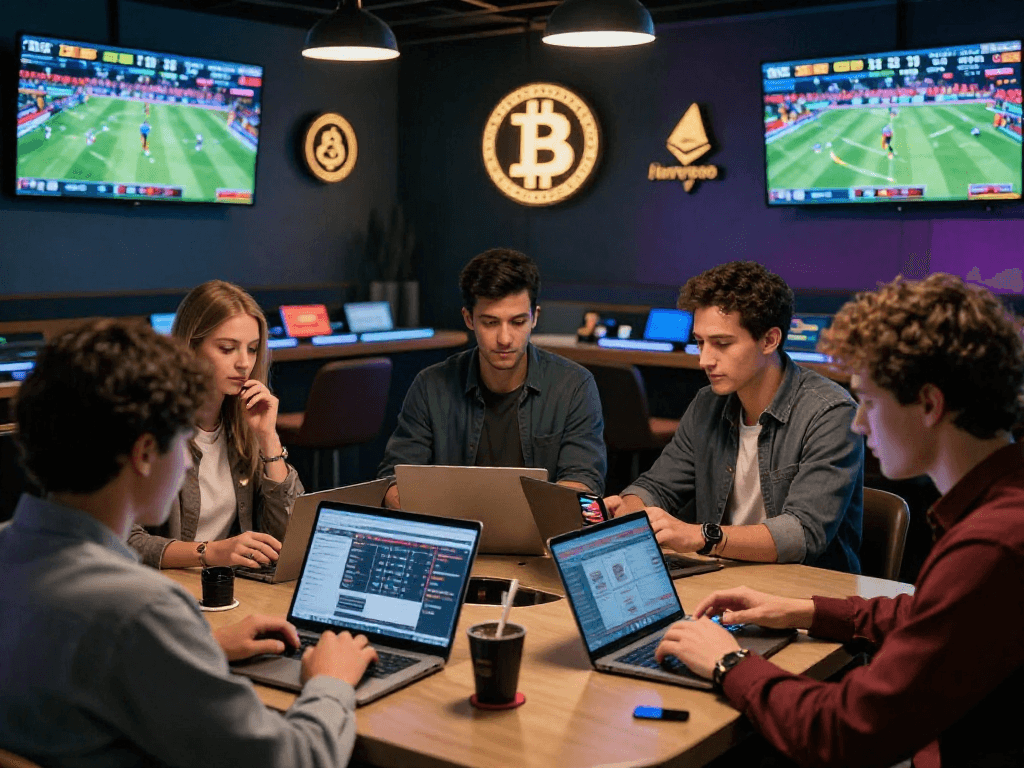 Paris sportif crypto : ambiance dynamique d'un lounge de paris avec utilisateurs plaçant des paris en cryptomonnaies.