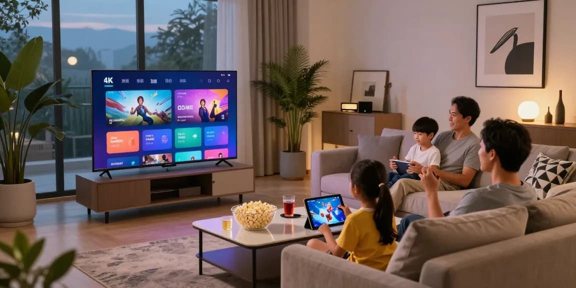 Famille profitant de l'abonnement Iron TV sur un téléviseur 4K dans un salon moderne