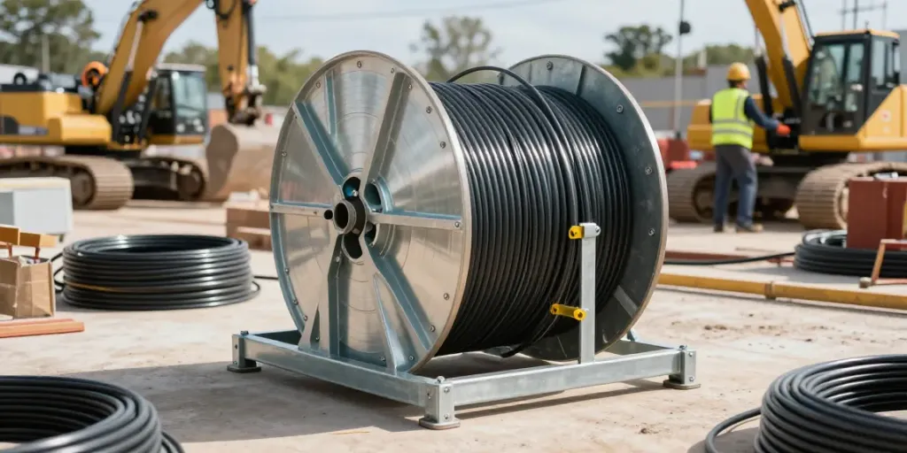 Blocage enrouleur de câble : système de stockage de tourets de câble, durable et résistant conçu pour les chantiers de construction et solutions techniques.