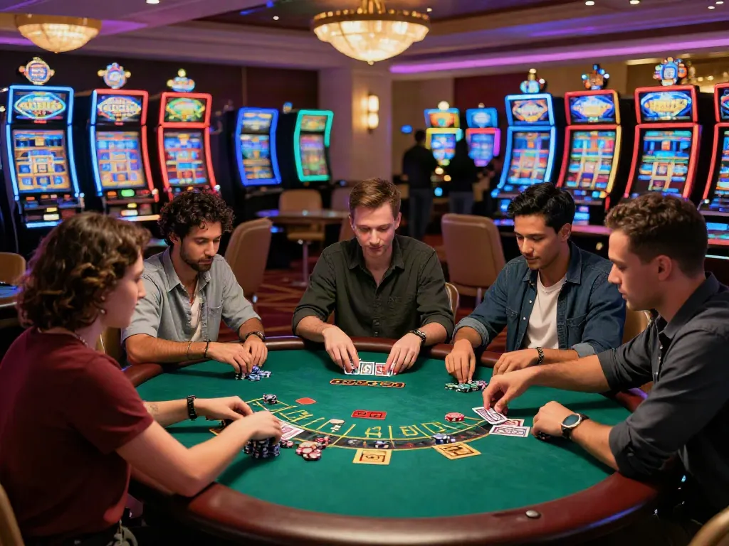 Scène animée de casino sans dépôt avec joueurs de blackjack, ambiance excitante.