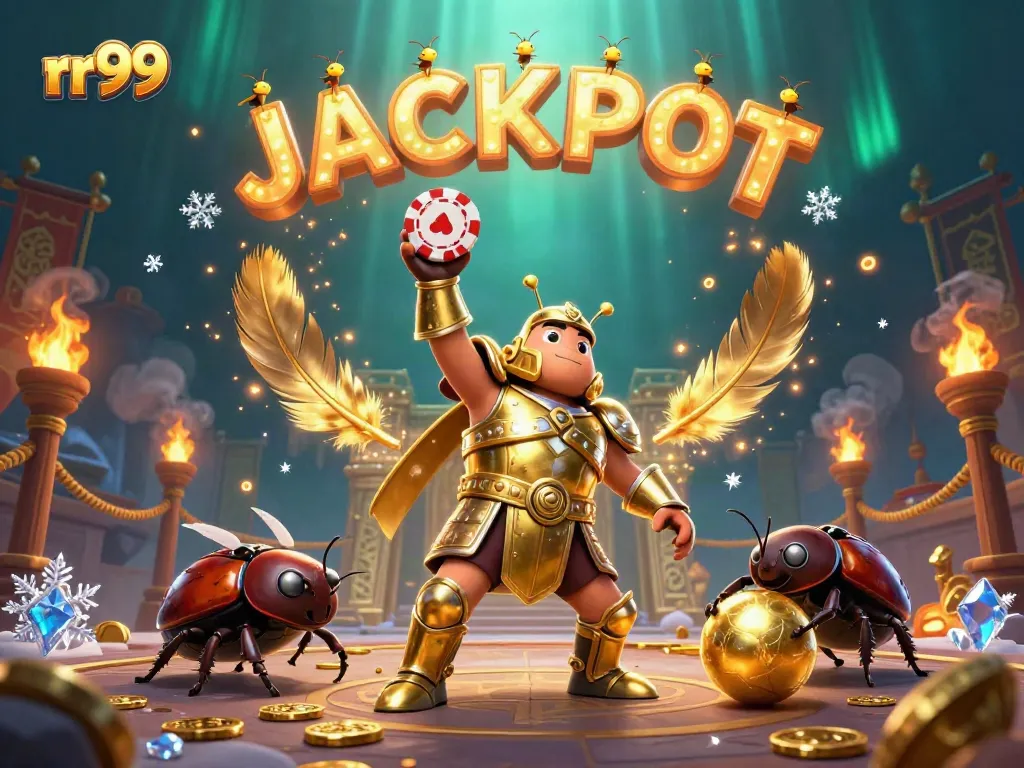 Experience the thrill of rr99 with a heroic beetle celebrating a jackpot in a vibrant casino setting.