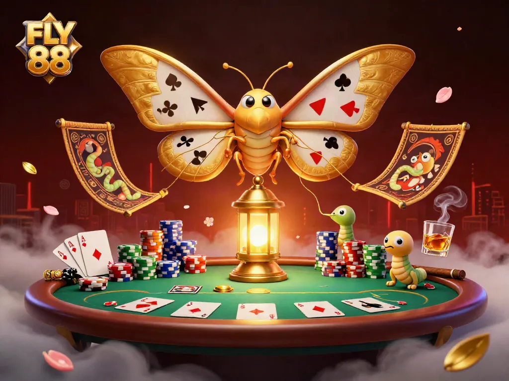 Engage in gaming thrills with FLY 88's vibrant 3D casino scene featuring a majestic moth and poker elements.