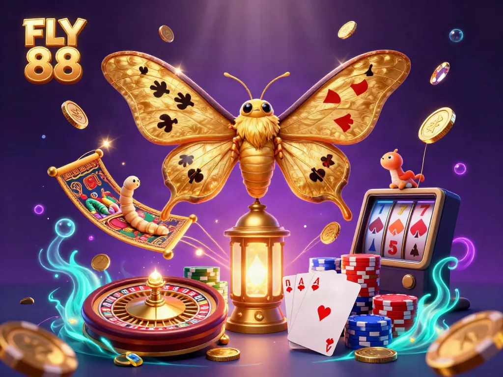 Experience excitement at FLY 88 with a vibrant illustration featuring a golden-winged moth, vibrant game elements, and spectacular payout opportunities.