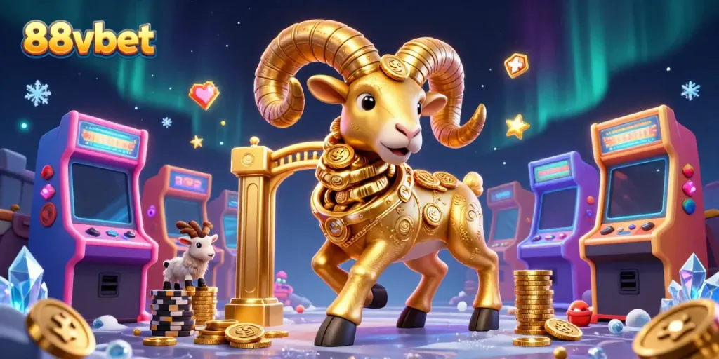 Experience the thrill of 88vbet as a golden ram charges through a vibrant casino scene filled with arcade games.