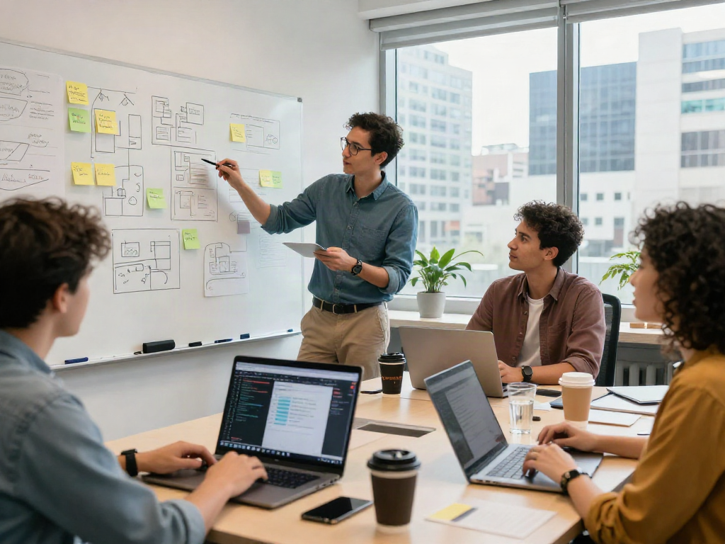 Collaboration autour d'un projet technique avec l'équipe de développeurs Atlas pro ontv, brainstorming et innovation en action.