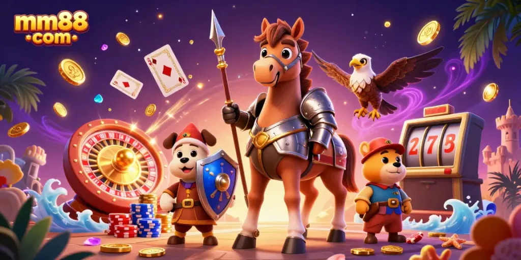 Experience thrilling gameplay at mm88 com with vibrant coins, cards, and characters.