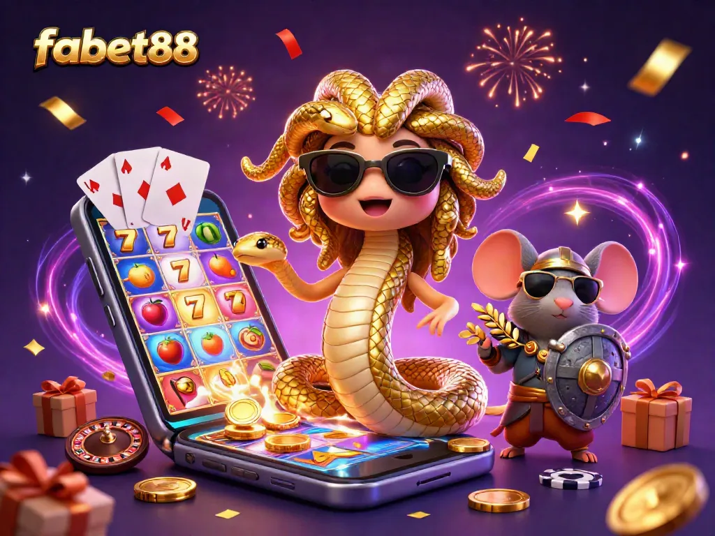 Spin slots and win with fabet88 in a vibrant casino scene featuring playful characters and games.