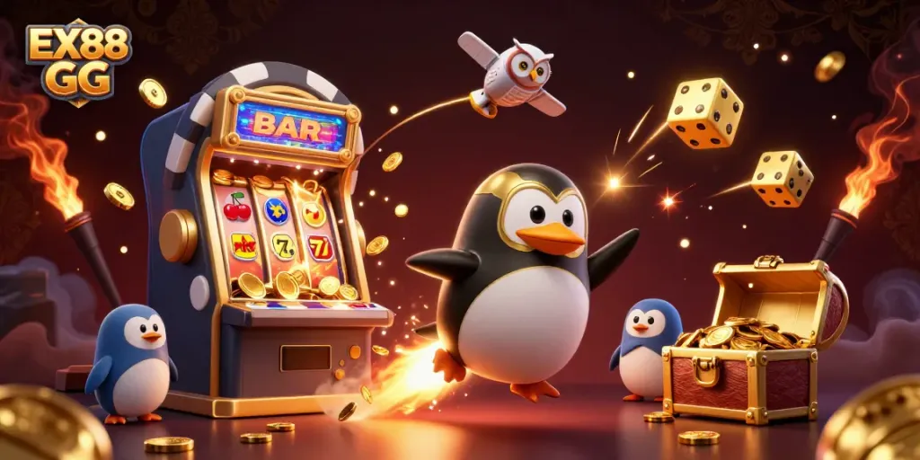 Winning spins with EX88 GG as a golden penguin races through a vibrant casino galaxy.