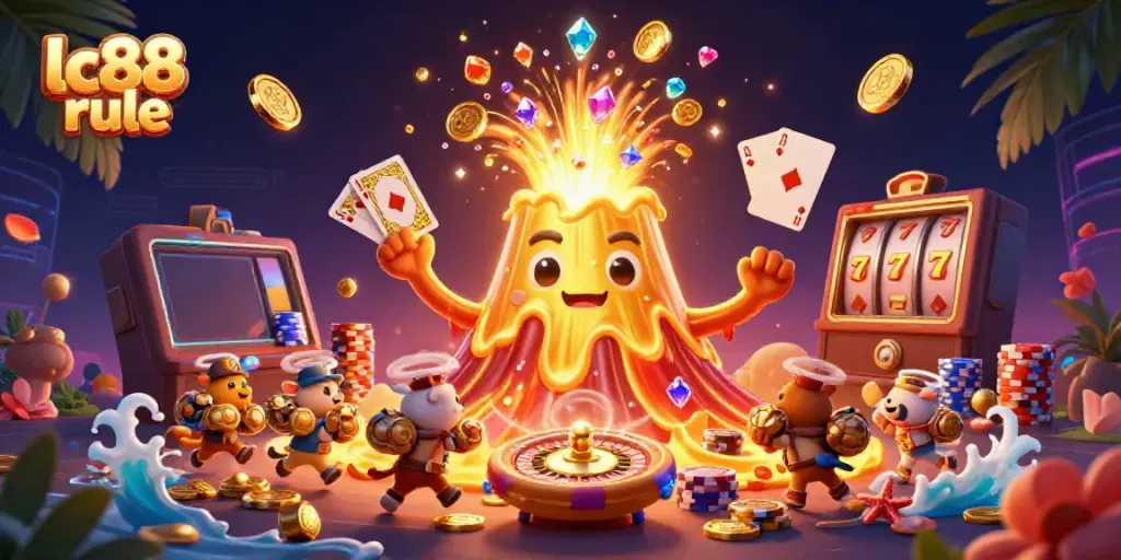 Experience the triumph of lc88 rule as treasure flows from a golden volcano amidst vibrant casino elements.