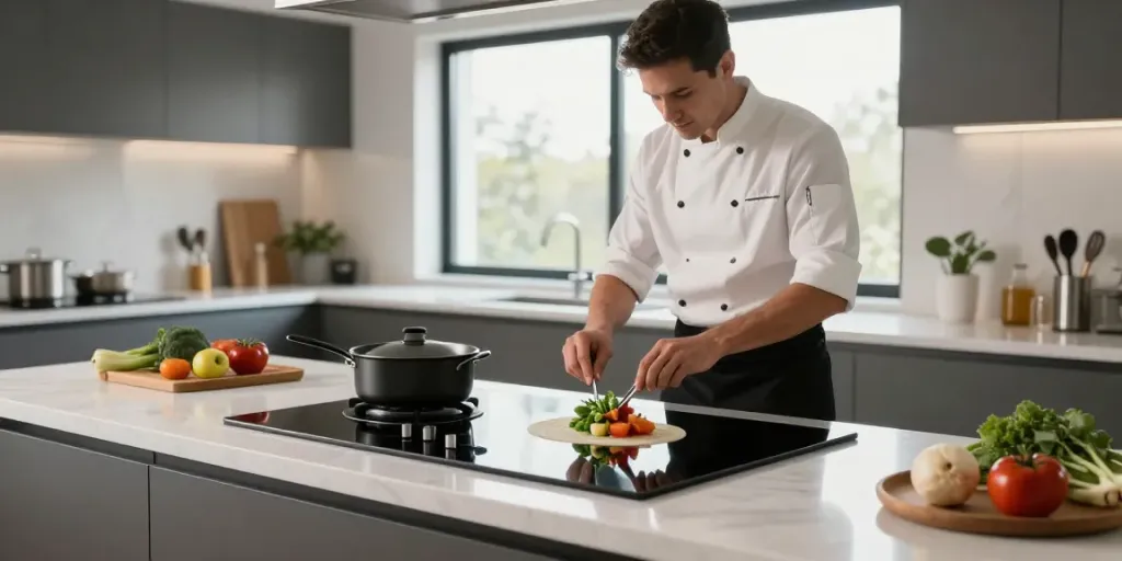 Plaque vitrocéramique élégante dans une cuisine moderne avec un chef préparant un plat gourmet.