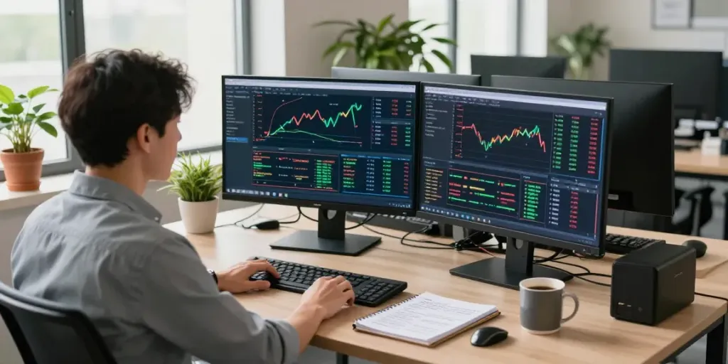 Vue d'un trader à la-couponeau.com, analysant les données des marchés sur plusieurs écrans dans un bureau lumineux.