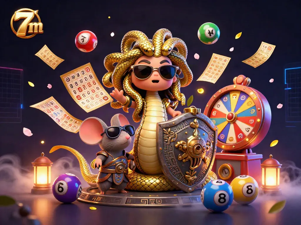 Watch cute 7 m characters amidst vibrant lottery elements in an exciting gambling scene.