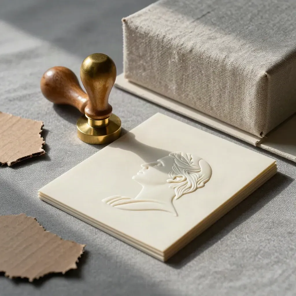 Carte ivoire gaufrée au laiton, chutes de carton et lin sur table claire.