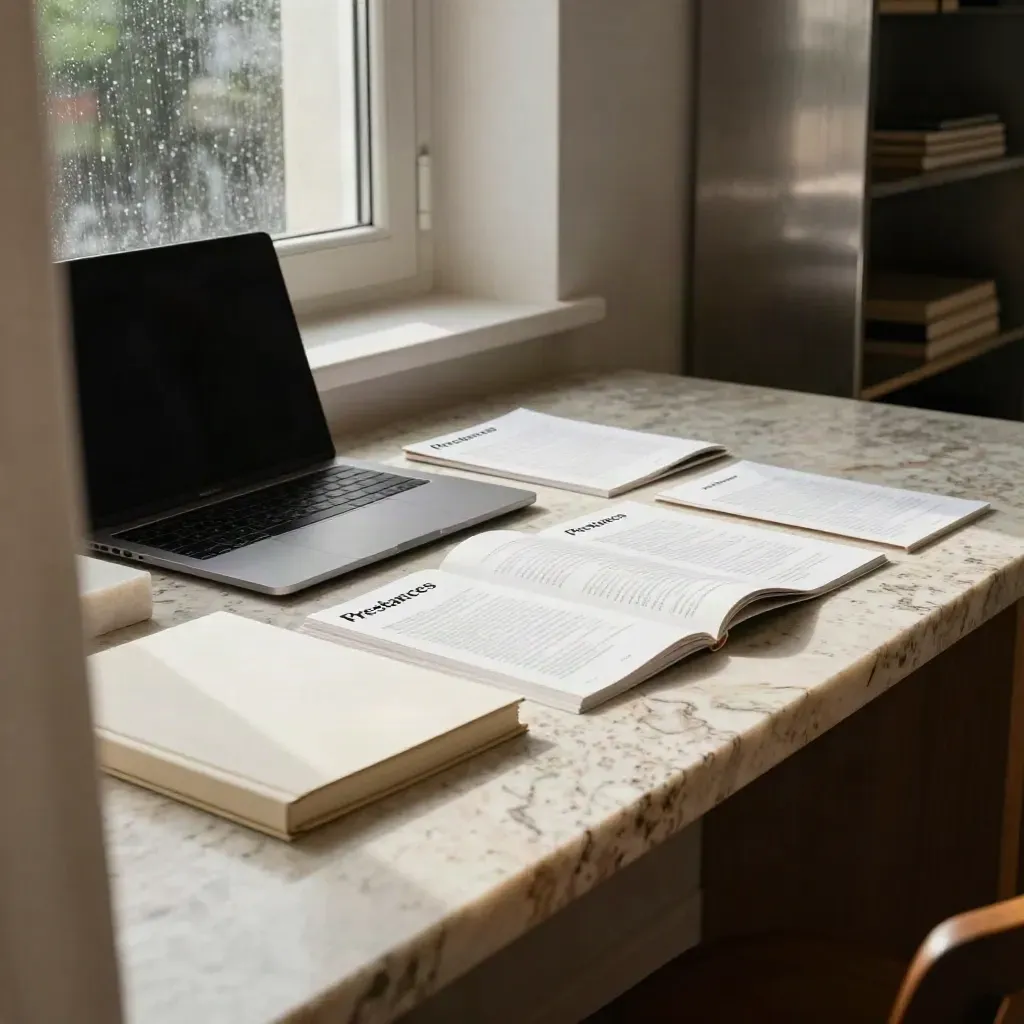 Cartes d’arborescence, laptop fermé et carnet sur travertin, lumière de pluie.
