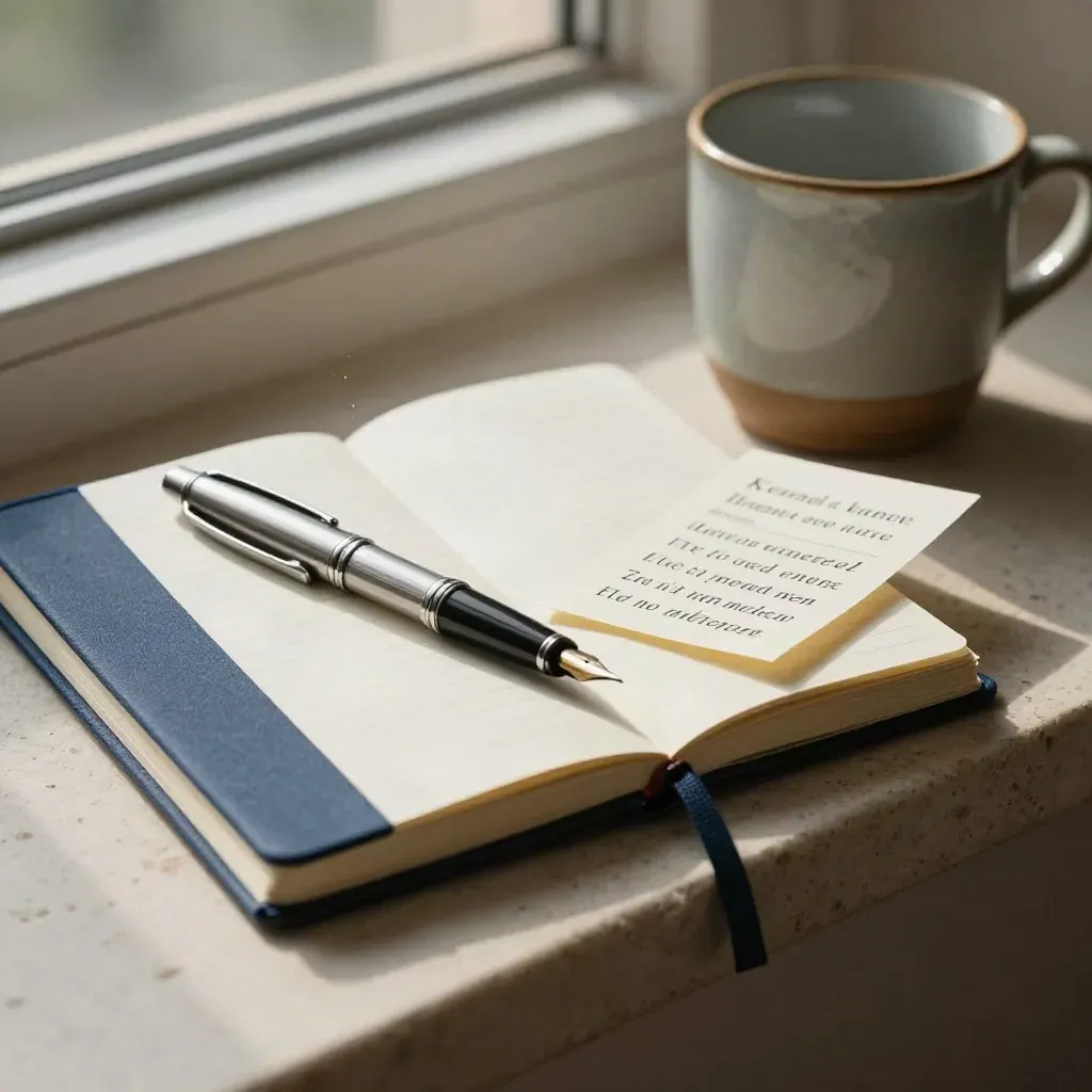 Carnet fermé, stylo plume, tasse mate et cartes retournées sur ledge clair.