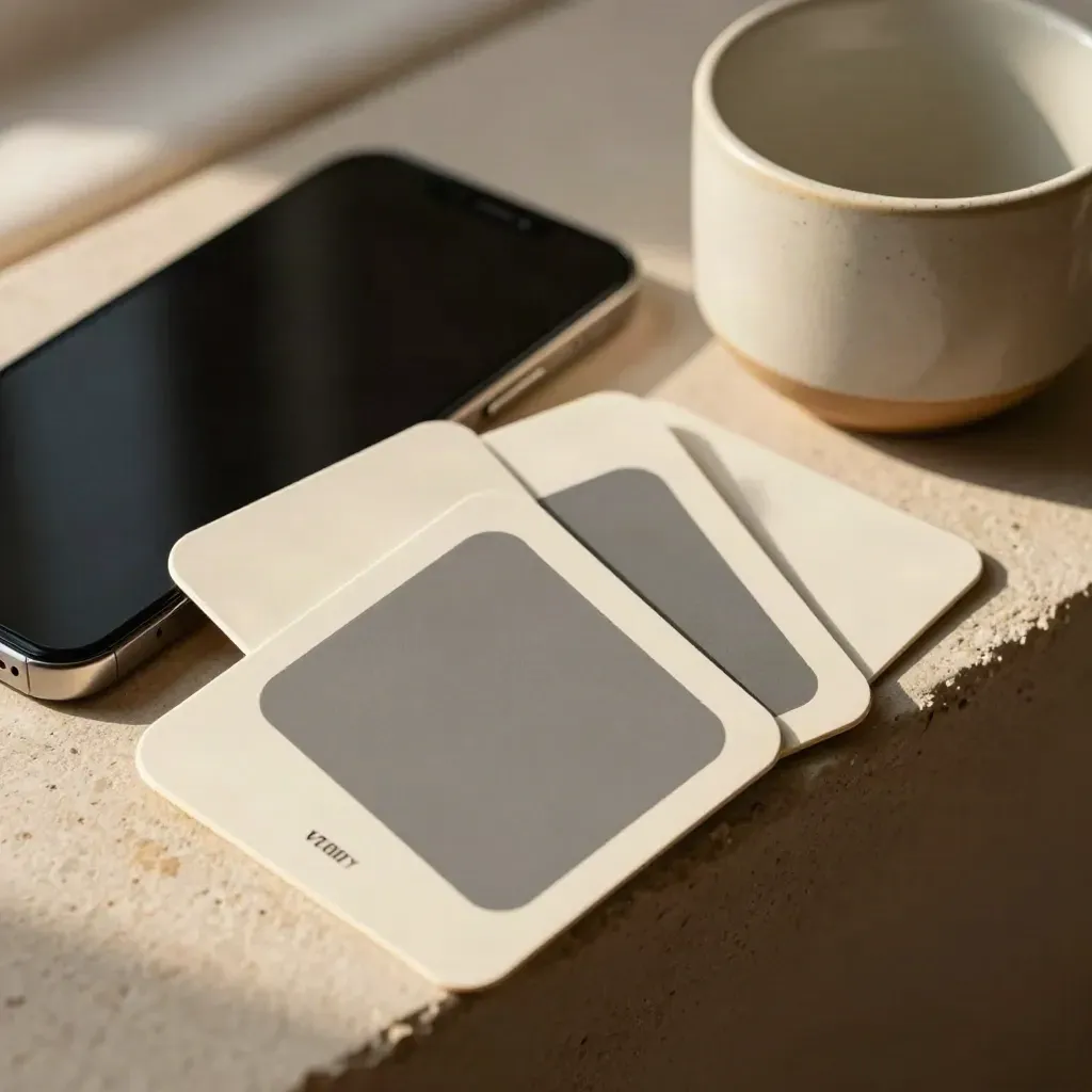 Cartes sociales modulaires en éventail, téléphone éteint et coupelle en céramique sur plâtre lumineux.
