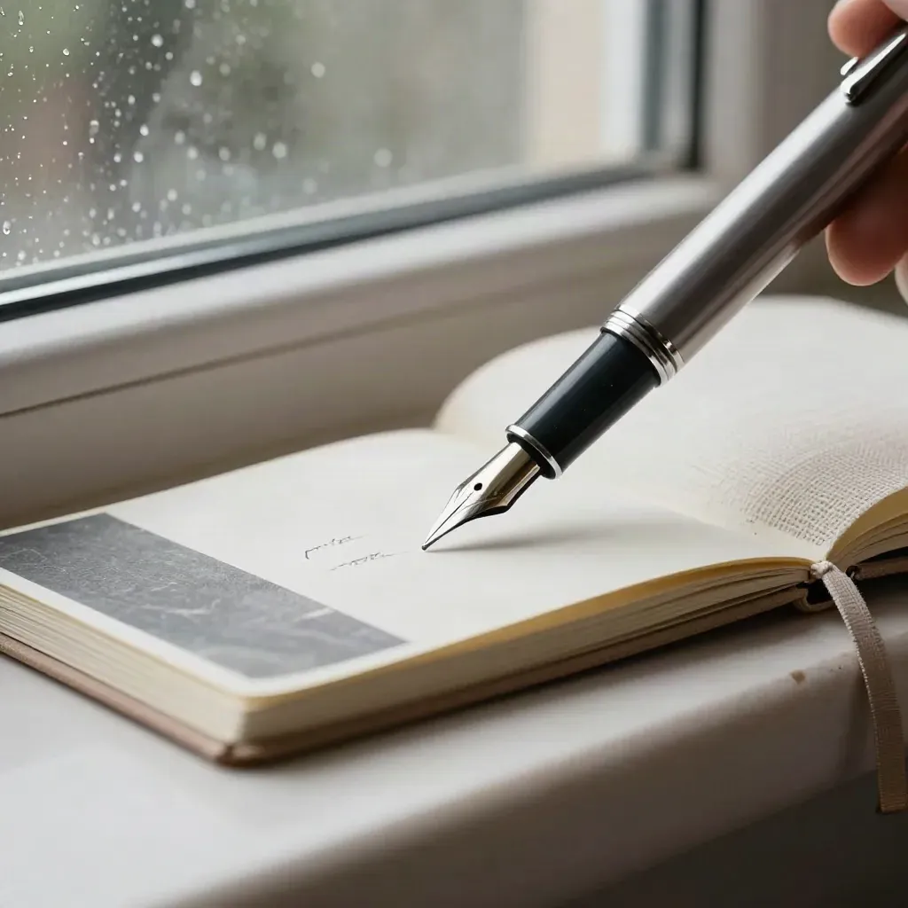 Stylo plume, cartes retournées et carnet en toile sur rebord de pierre, lumière de pluie.