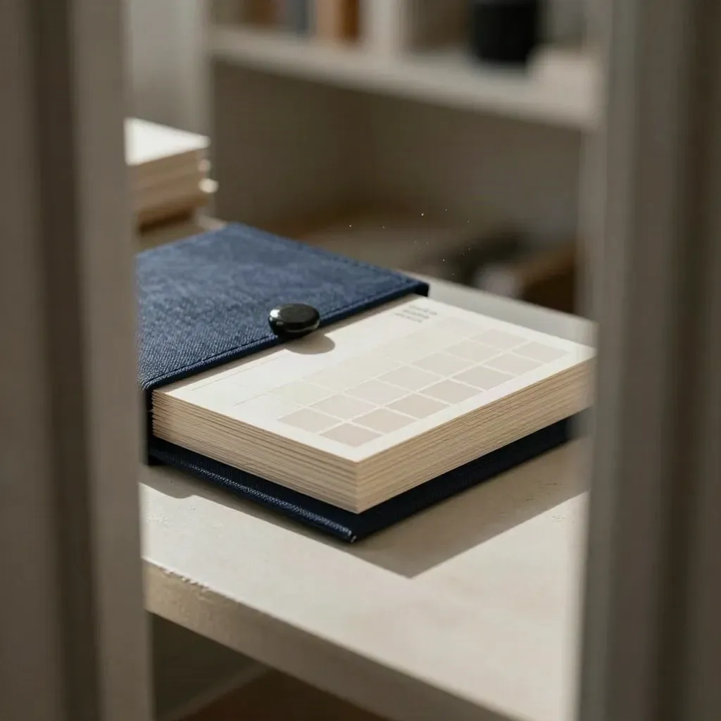 Cartes de marque en toile bleu nuit et cale en pierre, vues depuis l’entrée d’un studio.