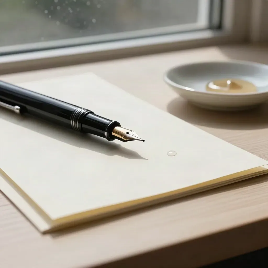 Stylo plume noir, cartes crème et coupelle champagne sur bois pâle, lumière de fenêtre.