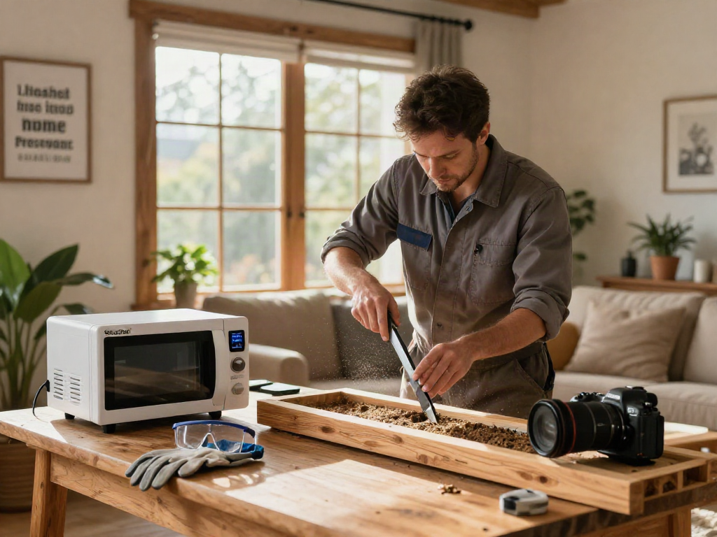 Traitement Shashel® contre les vers à bois, technicien en action dans un salon chaleureux.
