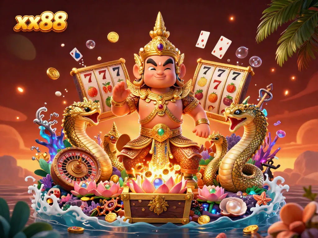 Experience thrilling gameplay with xx88 through this vibrant 3D scene depicting dynamic casino elements.
