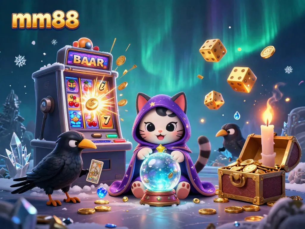 Experience the thrill of mm88 with a vibrant casino scene featuring a mystical fortune teller cat and vibrant game symbols.