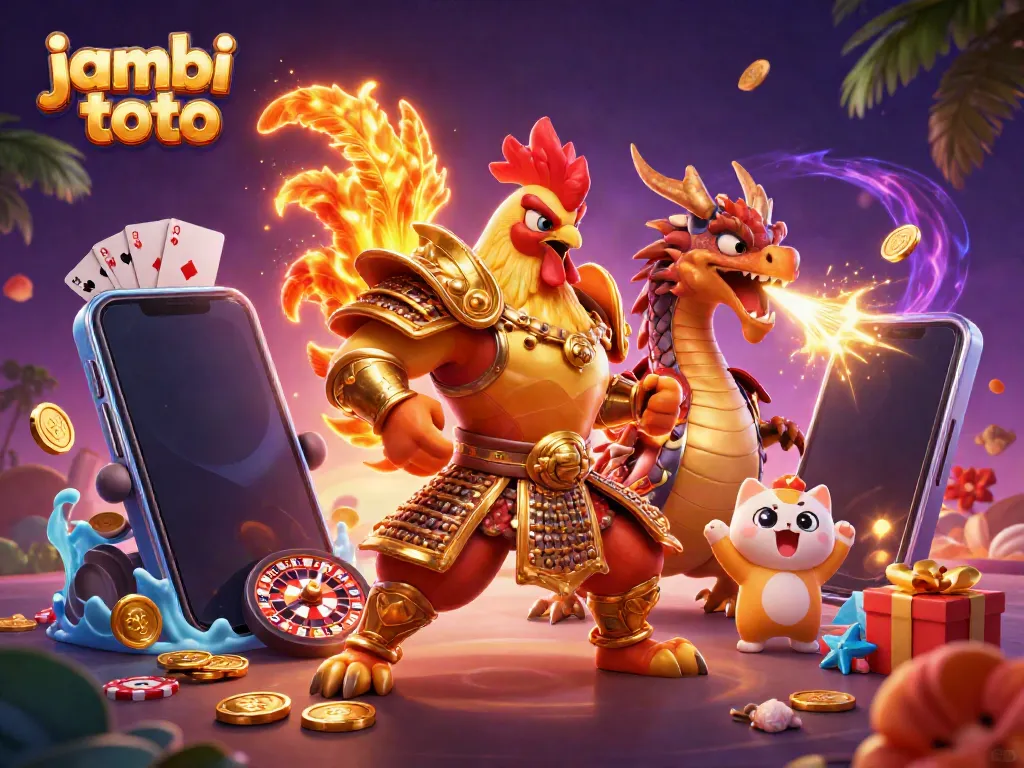 Experience thrilling gameplay with jambi toto as a bold rooster warrior and dragon hatchling thrive in a vibrant casino atmosphere.