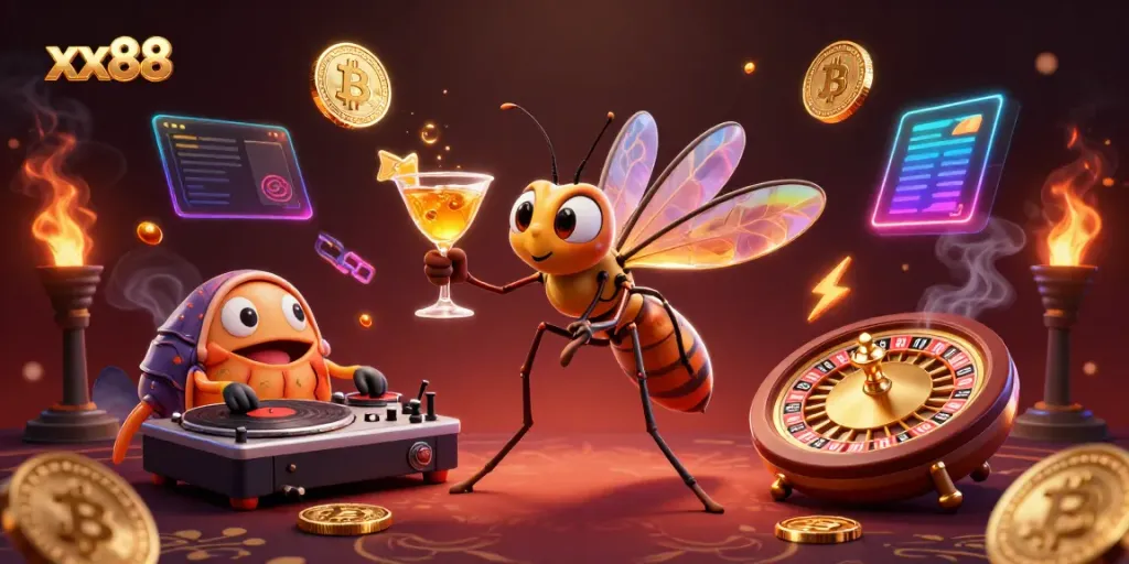 Experience thrilling gameplay at xx88 with a vibrant casino scene featuring unique characters and golden elements.