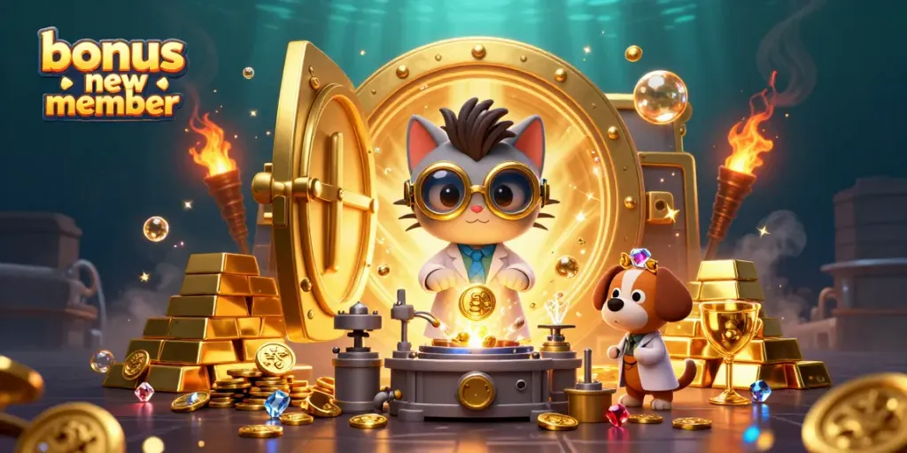 Experience the exciting bonus new member offer in an electrifying casino atmosphere with golden treasures and animated characters.
