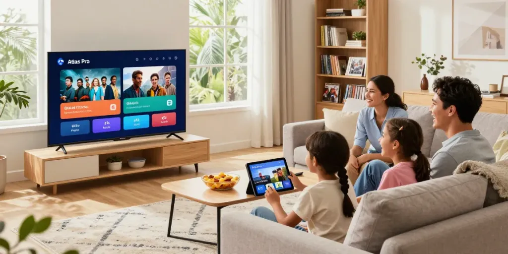 Famille profitant de l'application atlas pro ontv dans un salon moderne.