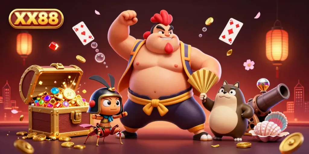 Experience the exciting world of XX88 with a dynamic 3D illustration featuring casino elements and characters.