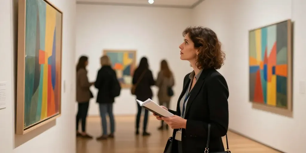 Visiteur admirant une œuvre d'art au sujet de l'art et civilisation dans une galerie locale, atmosphère de confiance.