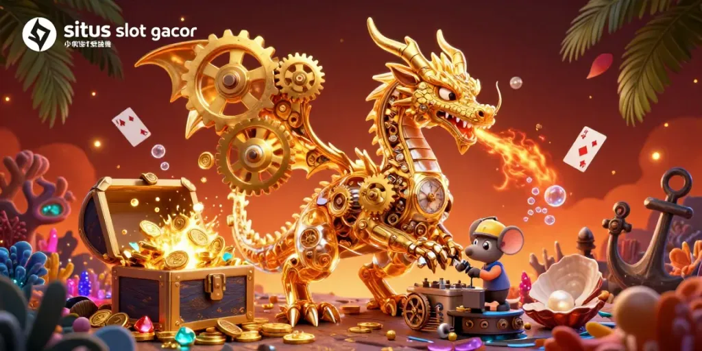 Experience excitement and winning chances at situs slot gacor with 3D animated elements of treasures and casino fun.