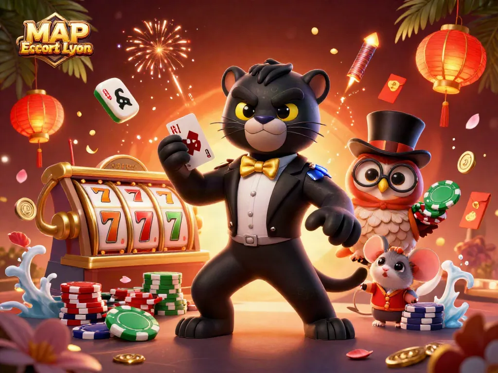 Experience the excitement of MAP Escort Lyon with a stylish panther dealer, poker chips, and vibrant gaming elements.