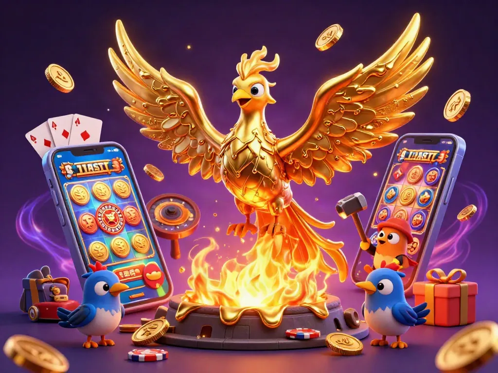 ne88 casino scene with a golden phoenix and slot game elements erupting in excitement