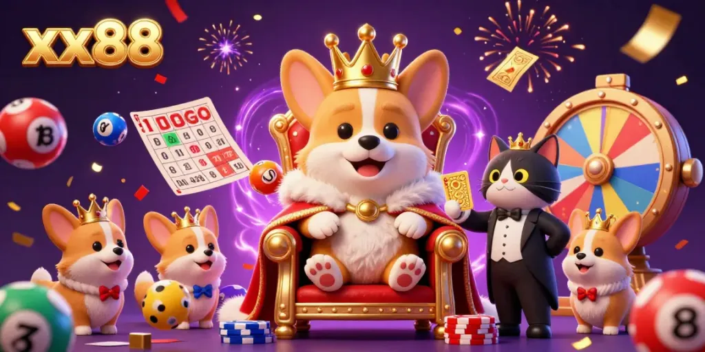 Experience the vibrant casino atmosphere at xx88 with a royal corgi on a poker chip throne.